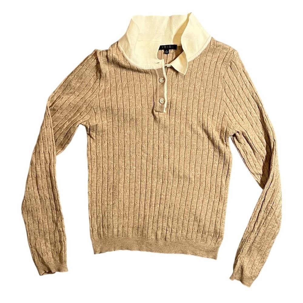 IRIS‎ Women's Tan Cable Knit Polo Sweater Size L Long Sleeve Button Neck Cream
